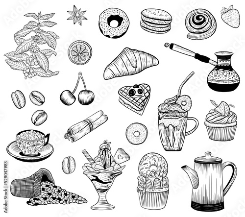 Hand drawn vector outline coffee elements set. Separate elements for menu, flyers, caffee decorations