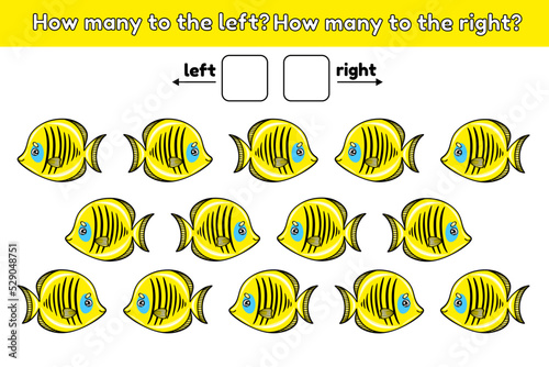 Mathematical educational game for children. Count how many fishes are swimming right and left. Vector illustration.