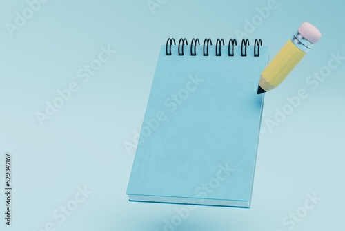 writing utensils. notebook with a pencil on a blue background. copy paste, coopy space. 3d render photo