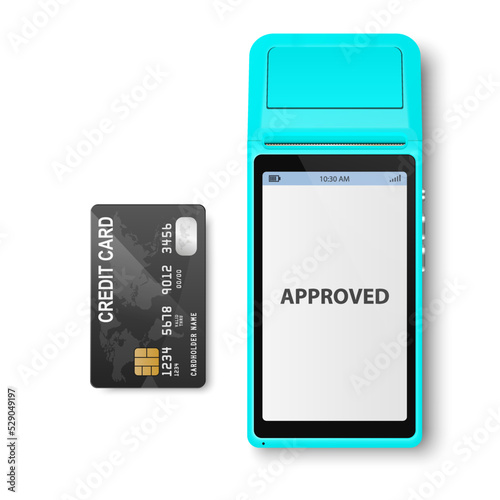Vector 3d NFC Payment Machine with Approved Status and Credit Card Isolated. Wi-fi, Wireless Payment. POS Terminal, Machine Design Template of Bank Payment Contactless Terminal, Mockup. Top VIew