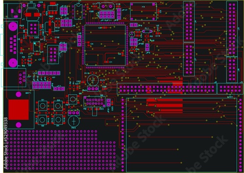 Tracing the conductors of a multilayer printed circuit board.
Vector drawing a1 of printed tracks, transition holes,
contact pads and copper metallization areas.
Silkscreen printing, assembly drawing.