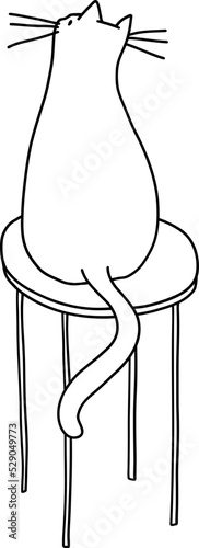 Lonely doodle cat sits on a stool. Domestic cat turned back on a round chair. Vector illustration of a scribble pet isolated on a white background.