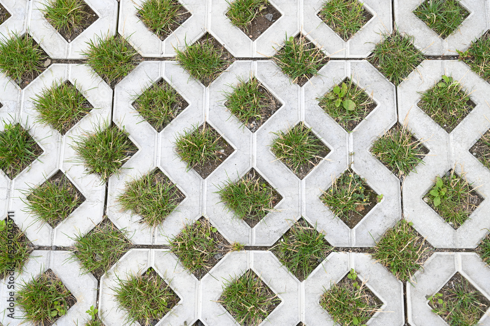 Geometric gray concrete tile with eco-parking cells wth a hole for grass. Top view, paving stones for grass Geometric gray concrete tile with eco-parking cells wth a hole for grass. Top view, paving stones for grass