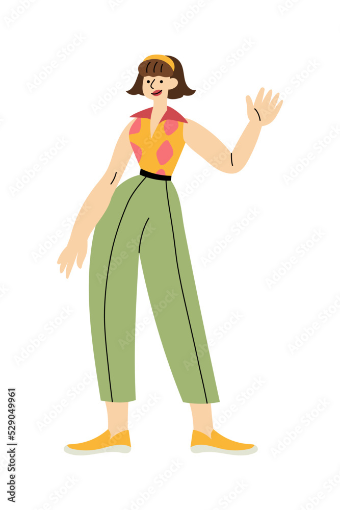 Cheerful brunette women in retro 1960s clothes standing and waving hand. Mid-century modern fashion. Trendy vintage outfit. Yellow blouse with pattern, short green trousers. Smiling character