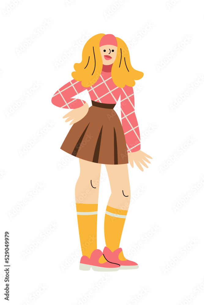 Cheerful blonde women in retro 1960s clothes standing with arms akimbo. Mid-century modern fashion. Trendy vintage outfit. Checkered pink blouse, mini skirt, knee socks. Smiling character Cheerful blonde women in retro 1960s clothes standing with arms akimbo. Mid-century modern fashion. Trendy vintage outfit. Checkered pink blouse, mini skirt, knee socks. Smiling character