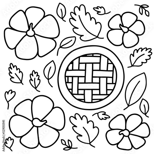 Hello autumn harvest dinner table top view coloring page set. Pumpkins and pumpkin pie on table with dishes vector illustration.