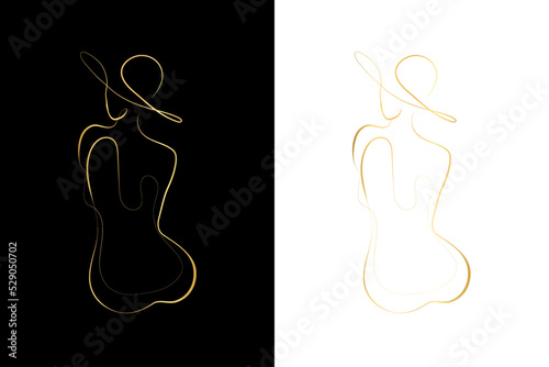 Woman face one line drawing. Elegant Female figure in hat printable art. Feminine beauty print Minimalist home decor. Abstract fashion artwork. Gold Line Set 
