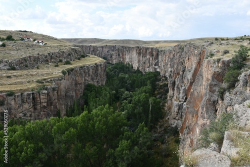 Aerial view of beautiful rocks near the forest in Aksaray, Central Anatolia, Turkey photo