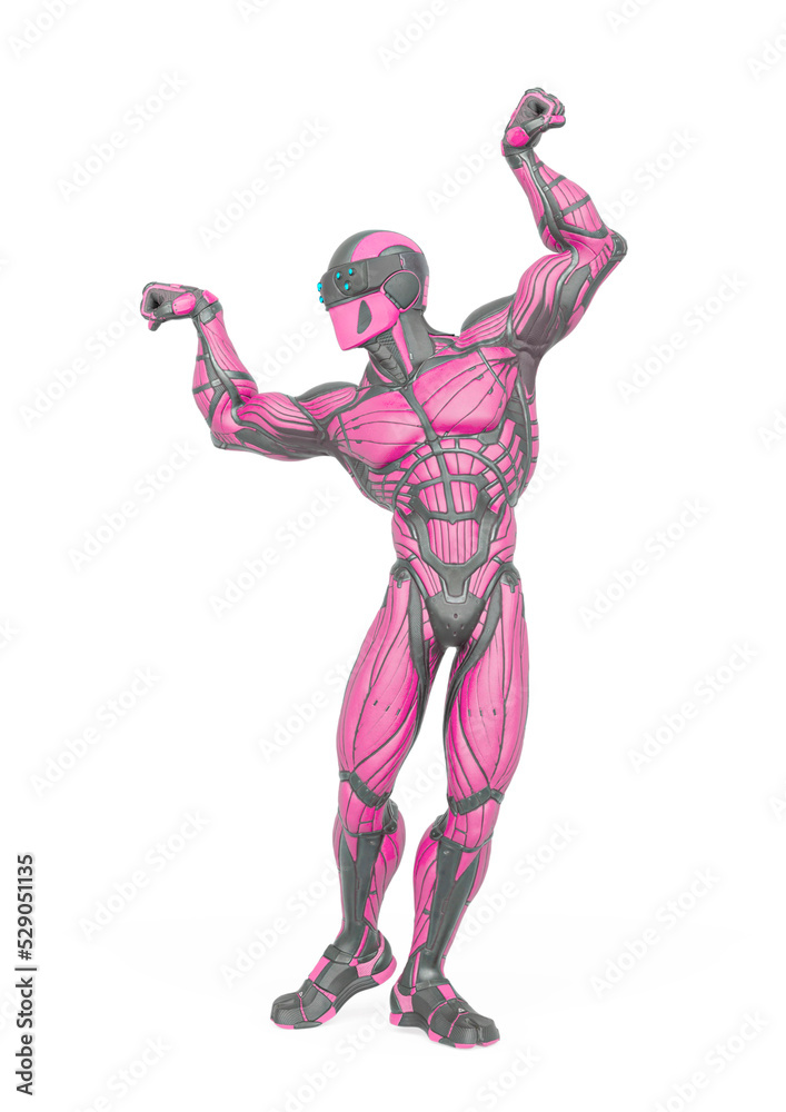 super hero is doing a dynamic bodybuilder pose in an exosuit
