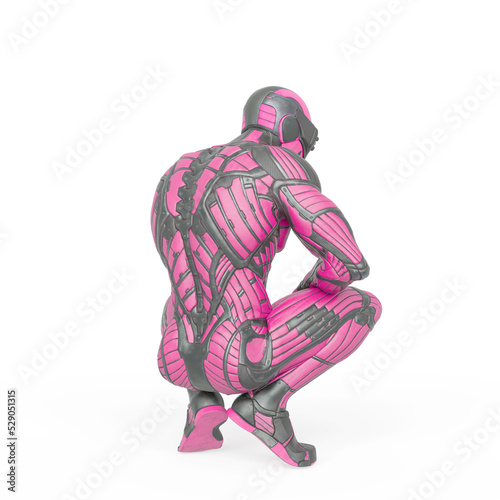 super hero in an exosuit is crouching rear view