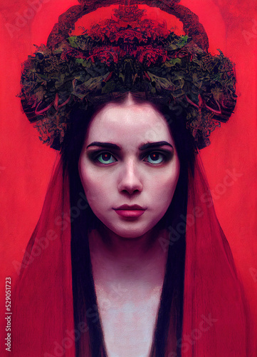 Persephone, Queen of the Underworld, portrait of elegant, majestic woman with red robes and ornate red hat, red background  photo