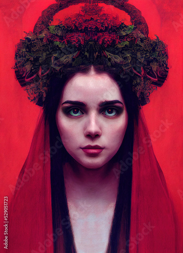 Persephone, Queen of the Underworld, portrait of elegant, majestic woman with red robes and ornate red hat, red background 