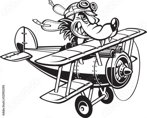 Cartoon style wolf flying retro style fighter plane