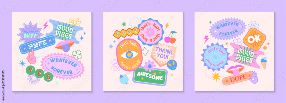 Vector set of cute fun templates with patches and stickers in 90s style.Modern symbols in y2k aesthetic with text.Trendy kidcore designs for banners,social media marketing,branding,packaging,covers