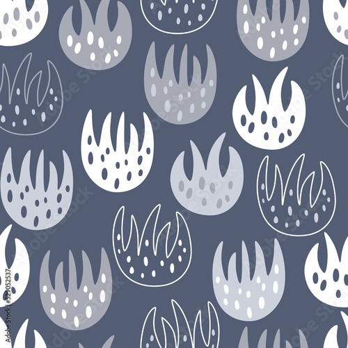 Cute abstract plants in simple hand drawn style on blue background. Seamless kids pattern for fabric or wallpaper