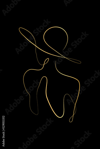 Woman face one line drawing. Elegant Female figure in hat printable art. Feminine beauty print Minimalist home decor. Abstract fashion artwork. Gold Line 