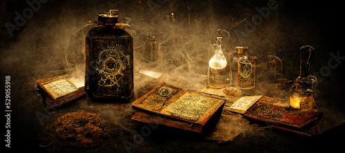 Work table and grimoire of a magician and alchemist in an old medieval castle, mysterious and scary atmosphere