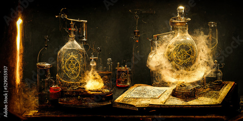 Old table of an alchemist or magician, with smoked, grimoires and ancient chemistry utensils from the middle ages