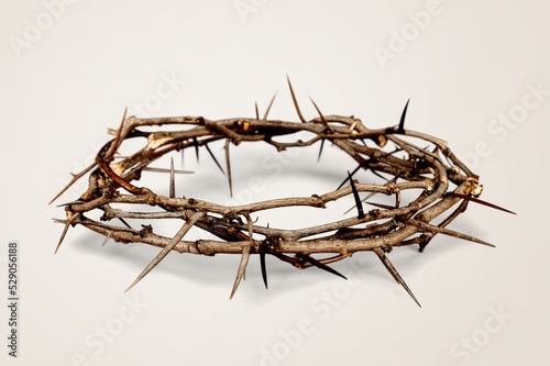 Crown of thorns symbolizing the sacrifice, suffering and resurrection of Jesus Christ on the cross and Easter bright background