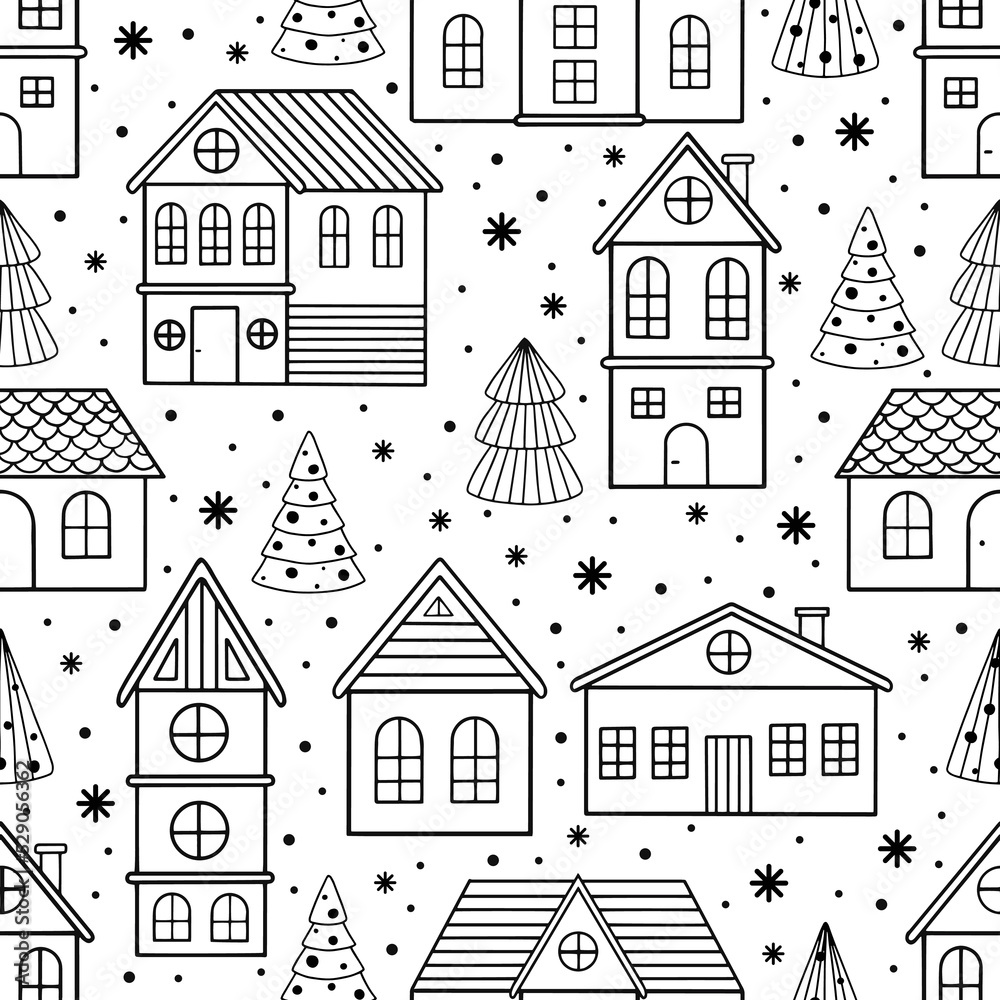 Vector Seamless pattern for Christmas cards with hand drawn winter tree, house and texture.