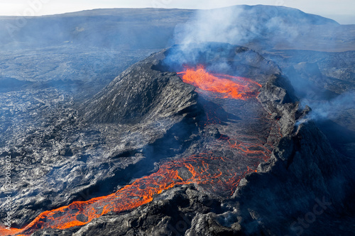 Lava flows from the Geldingadalir eruption of the Fagradalsfjall tuya volcano in Iceland in June of 2021.