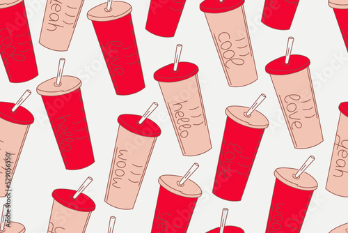 Seamless pattern of drinks in tall glasses - coffee and tea. Red colours. Miscellaneous text. Vector illustration