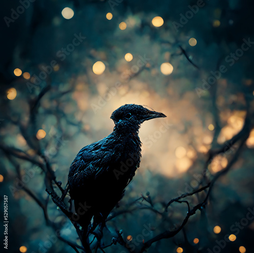 dark crow sitting on a branch Fototapet
