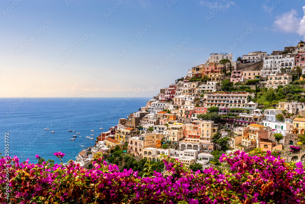 Positano, Italy - July 17, 2021: View of Positano village along Amalfi Coast in Italy