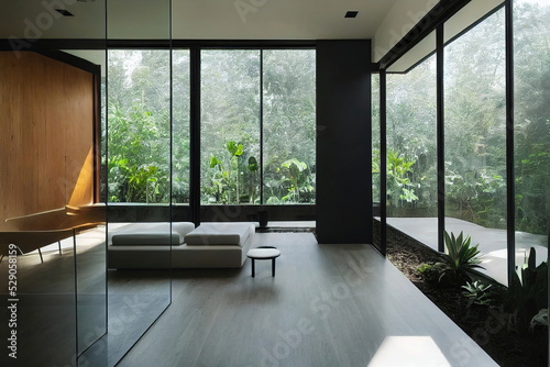 modern living room with window, beautiful lush terrain outside, 3d render, 3d illustration