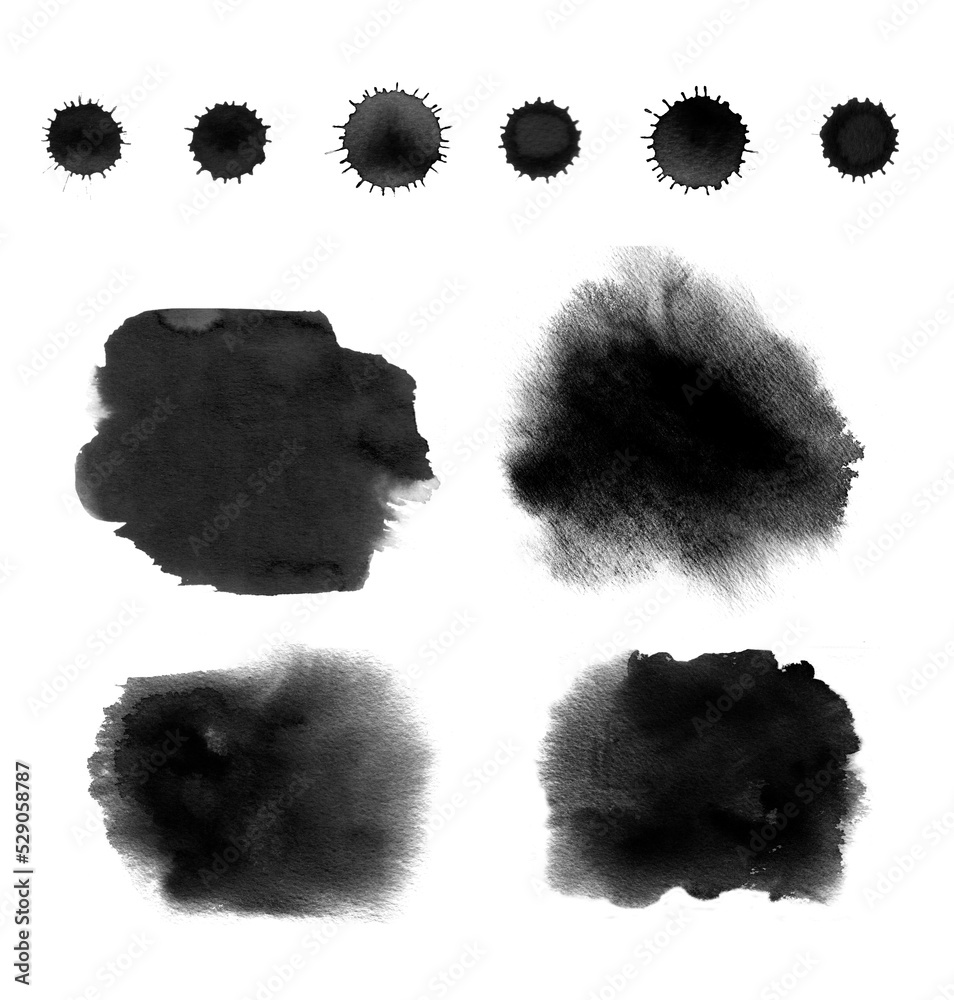 Fototapeta premium Set of black water paint backgrounds, drops. Watercolor blot stains, spots collection. Hand painted liquid splash. Abstract splot and blotchiness, wet edges texture for Halloween, Black Friday sale