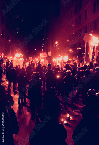 Fotografie, Obraz Chaotic protest and riots in the streets signs and torches Digital Painting Art
