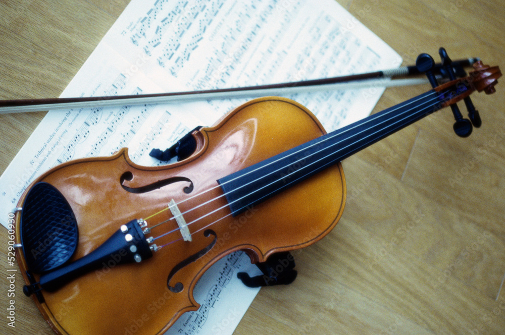 Fototapeta premium Violin and a bow on music sheets