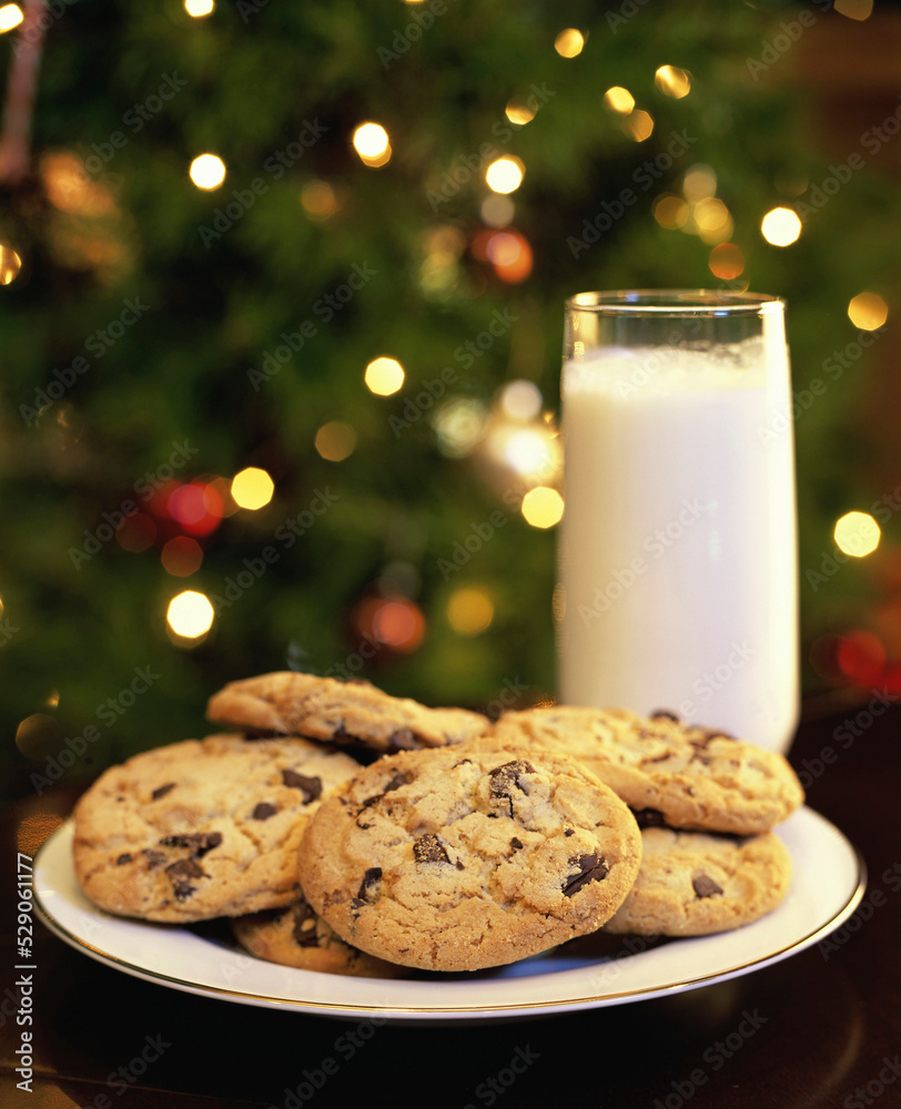 Close-up of a glass of milk and a plate of cookies Close-up of a glass of milk and a plate of cookies