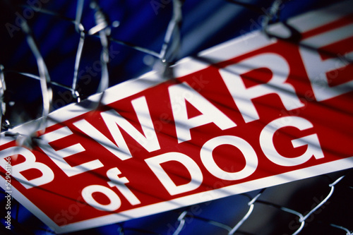 Close-up of a beware of dog sign on a chain-link fence