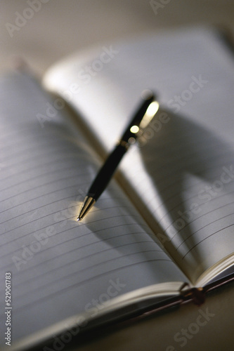 Close-up of a ballpoint pen on an open notebook photo