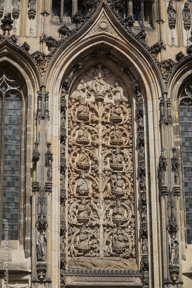 Ornate stonework outside St. Lambert's Church in Munster, North Rhine-Westphalia, Germany