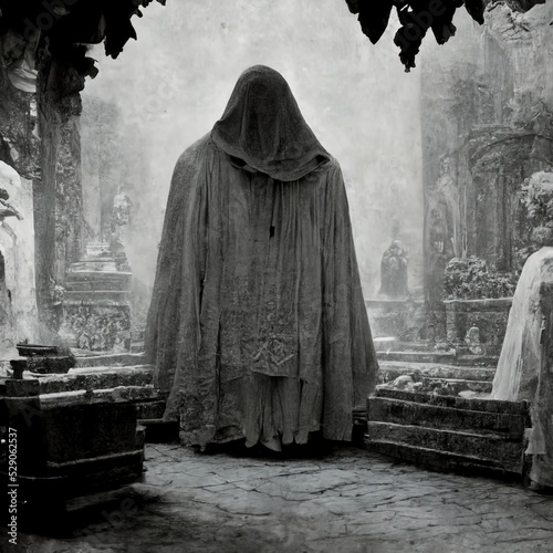 Robed hooded figure. Black and white painting.