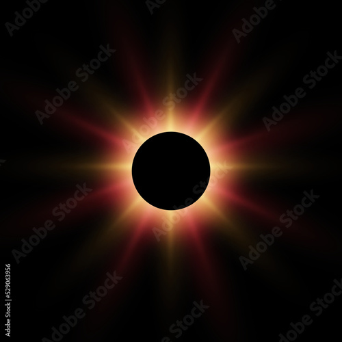 Abstract vector dark background with planet and eclipse of its star. Bright star red light shine from the edges of a planet. Sparkles of stars on the background.