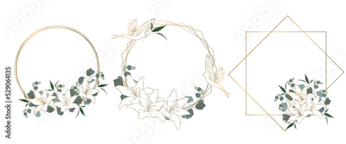 Wedding invitation frames with lilies, eucalyptus, leaves. Gold geometric polyhedron collection, art deco style for wedding invitation