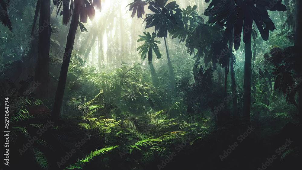 Naklejka premium Dark rainforest, sun rays through the trees, rich jungle greenery. Atmospheric fantasy forest. 3D illustration.