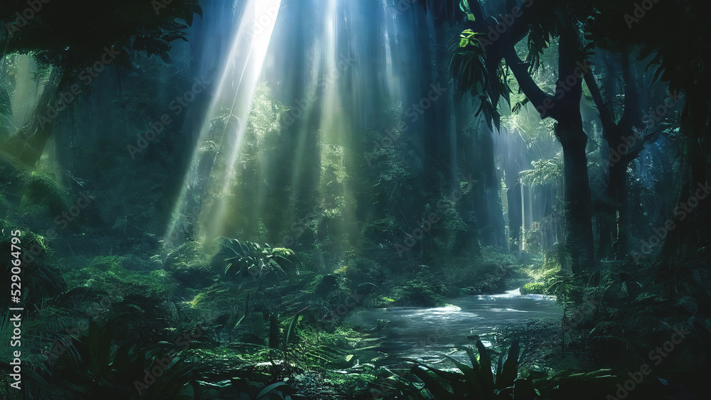 Dark rainforest, sun rays through the trees, rich jungle greenery. Atmospheric fantasy forest. 3D illustration. - obrazy, fototapety, plakaty 