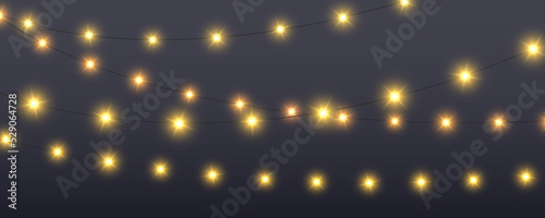 Glowing lamps garland. Decorative Christmas lights. Fairy lights chain. Wall decoration for party. Led bulb lamp string. Vector 