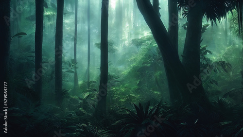 Fototapeta Naklejka Na Ścianę i Meble -  Dark rainforest, sun rays through the trees, rich jungle greenery. Atmospheric fantasy forest. 3D illustration.