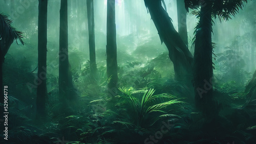 Dark rainforest  sun rays through the trees  rich jungle greenery. Atmospheric fantasy forest. 3D illustration.