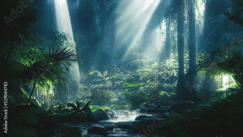 Dark rainforest, sun rays through the trees, rich jungle greenery. Atmospheric fantasy forest. 3D illustration. © MiaStendal
