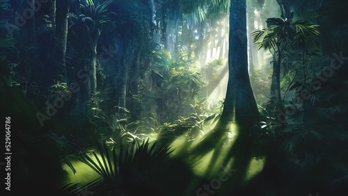 Dark rainforest  sun rays through the trees  rich jungle greenery. Atmospheric fantasy forest. 3D illustration.