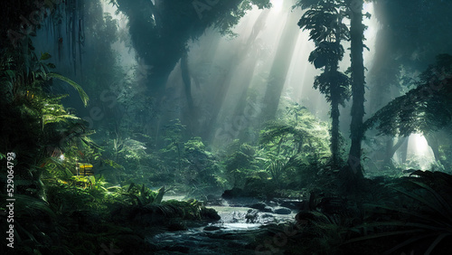Dark rainforest, sun rays through the trees, rich jungle greenery. Atmospheric fantasy forest. 3D illustration. © MiaStendal