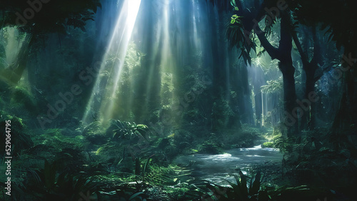 Dark rainforest  sun rays through the trees  rich jungle greenery. Atmospheric fantasy forest. 3D illustration.