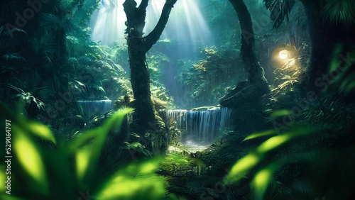 Dark rainforest  sun rays through the trees  rich jungle greenery. Atmospheric fantasy forest. 3D illustration.