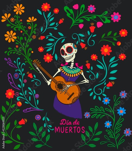 Dia de los muertos  Day of the dead  Mexican holiday  festival. Girl skull with guitar  feathers  flowers  isolated on dark black background. Poster  banner and card with make up of sugar skull